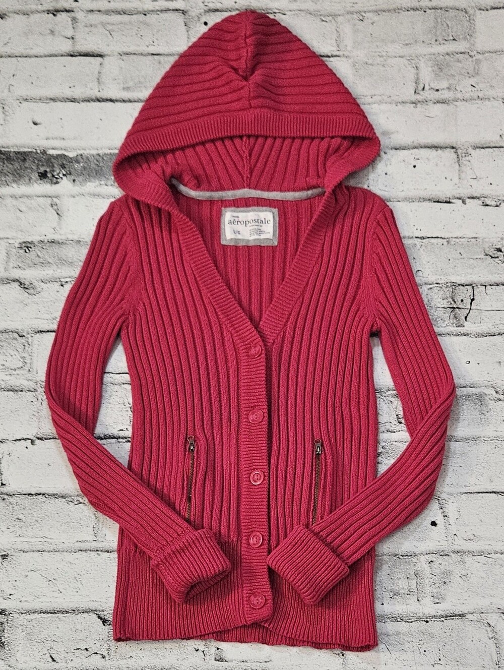 Aeropostale Pink Ribbed Knit Hooded Cardigan Sweater Women's Large